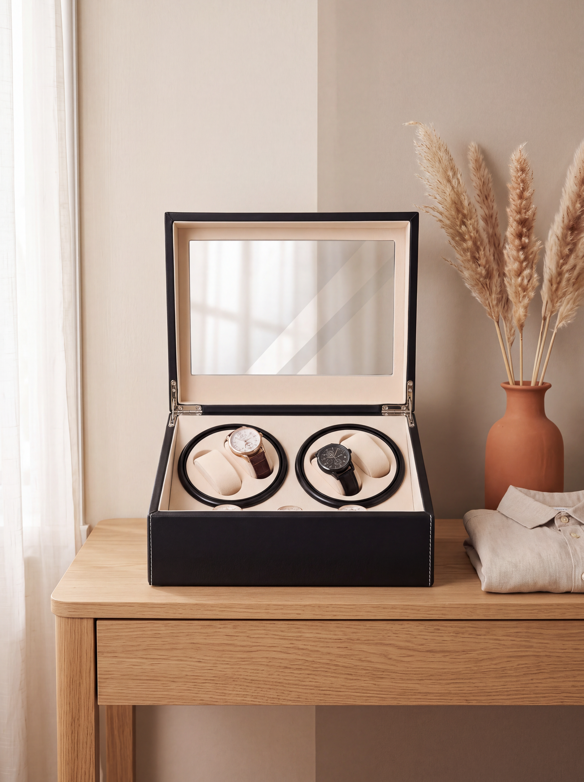 Watch Winder – Compact Black PU Leather, 11.8 x 7.3 cm