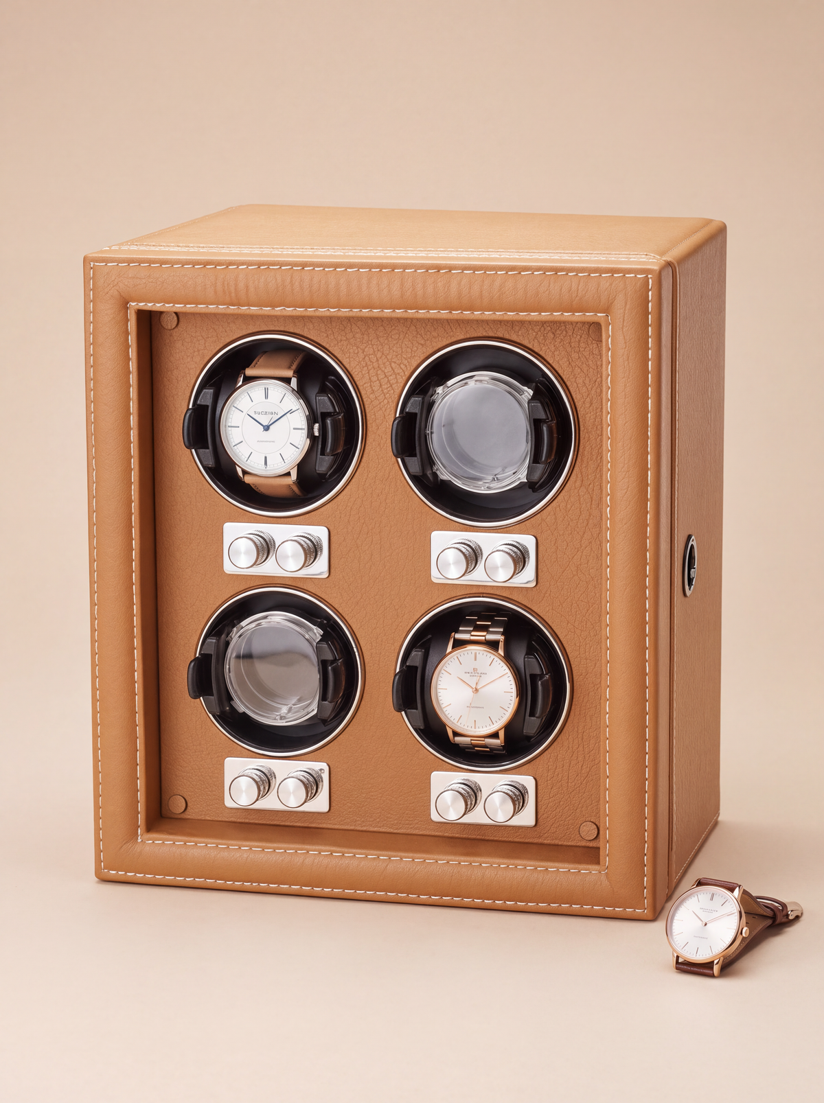 4-Watch Winder – Leather with Key Lock, Black or Orange