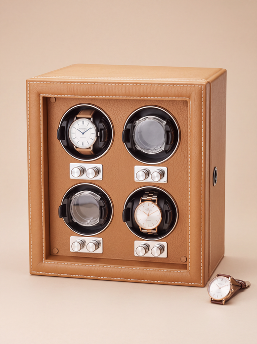 4-Watch Winder – Leather with Key Lock, Black or Orange