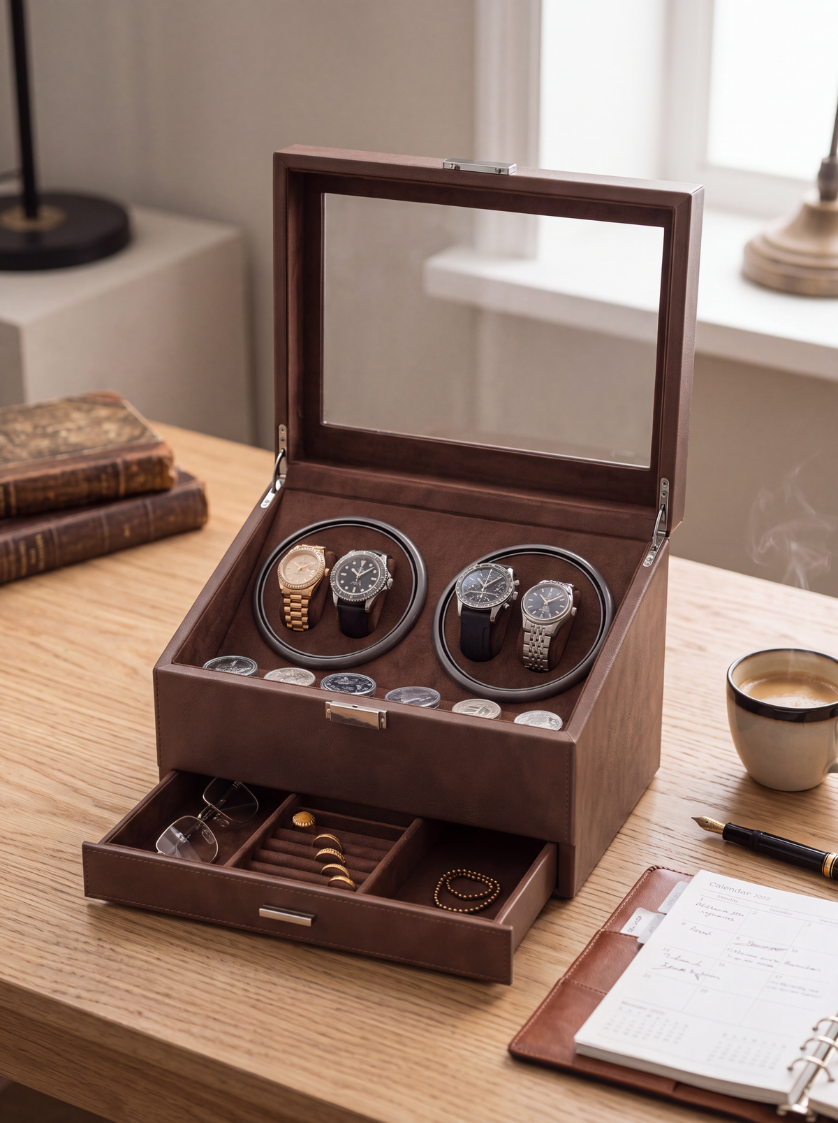 Multi-Watch Winder – Large Capacity Brown Display Case