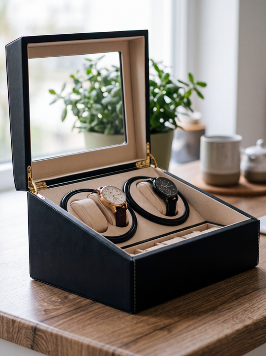 Watch Winder – Compact Black PU Leather, 11.8 x 7.3 cm