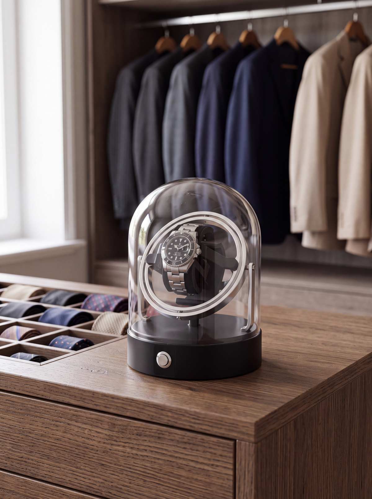 Watch Winder – Compact Metal Display Case, Silver, Mabuchi Motor