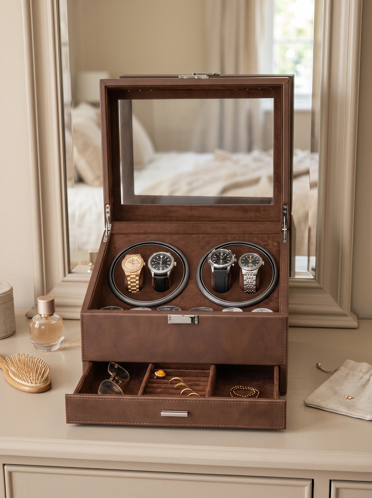 Multi-Watch Winder – Large Capacity Brown Display Case