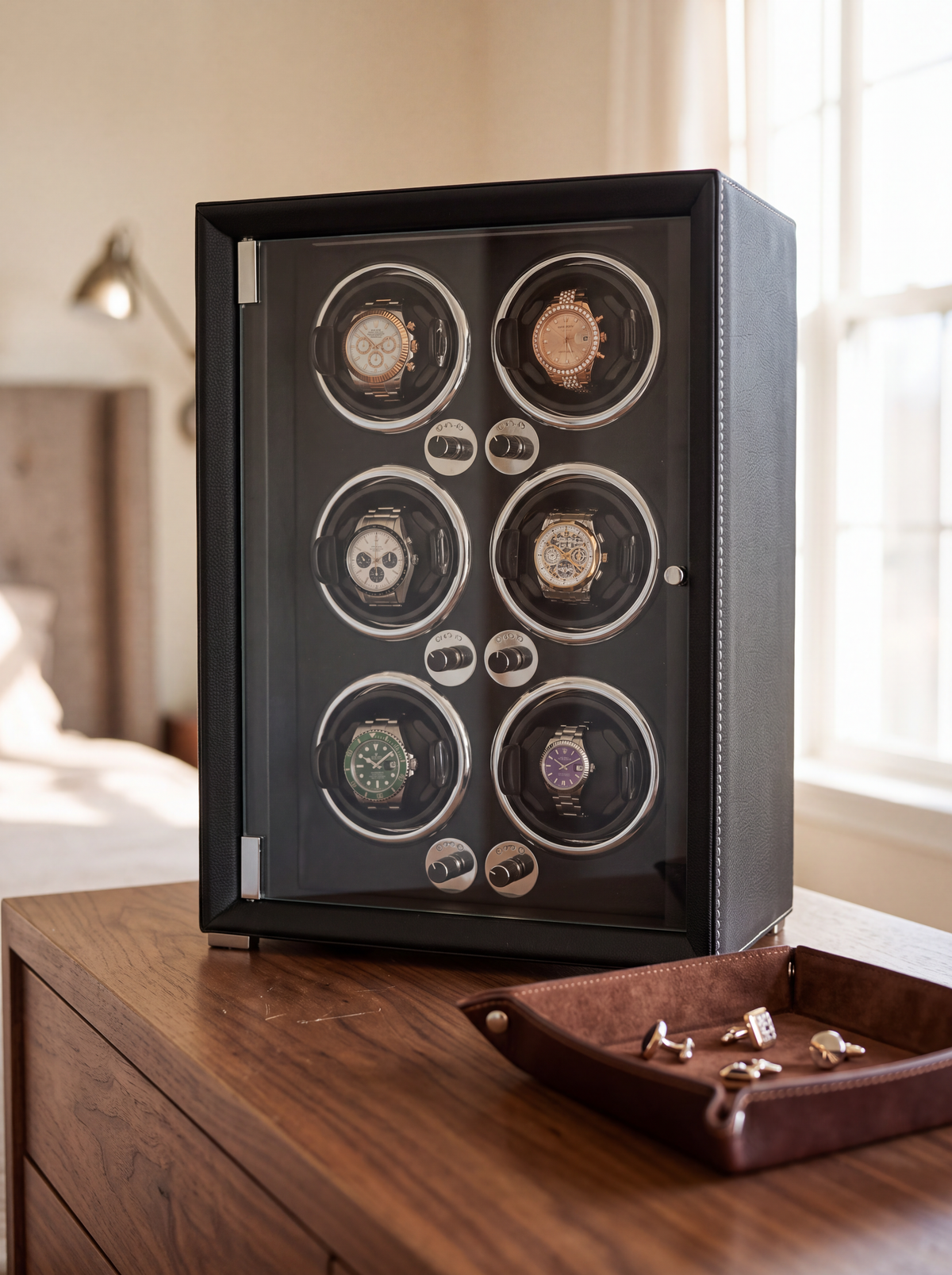 6-Watch Winder – Black Leather, 5 Speeds, Auto-Stop Door