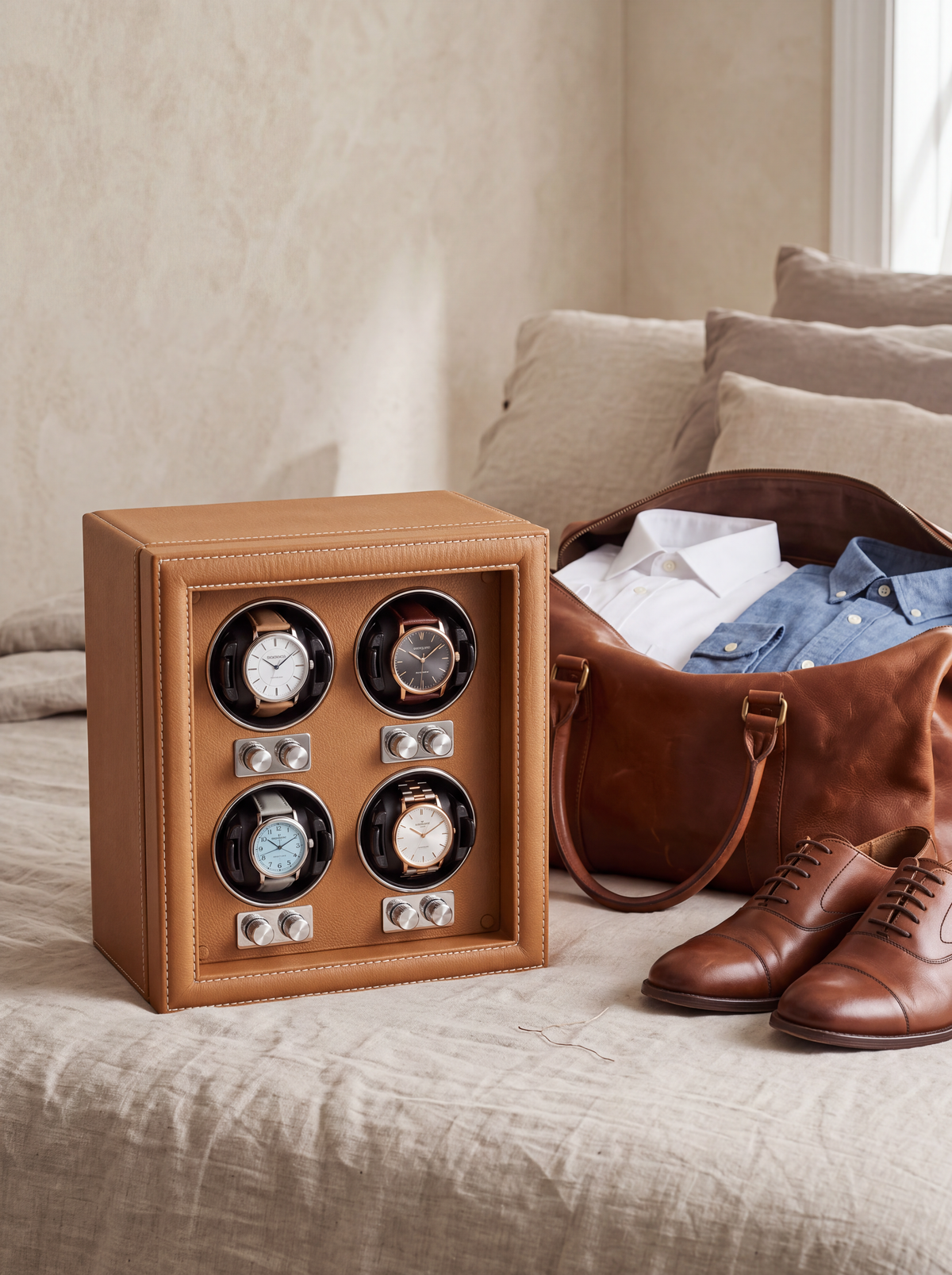 4-Watch Winder – Leather with Key Lock, Black or Orange
