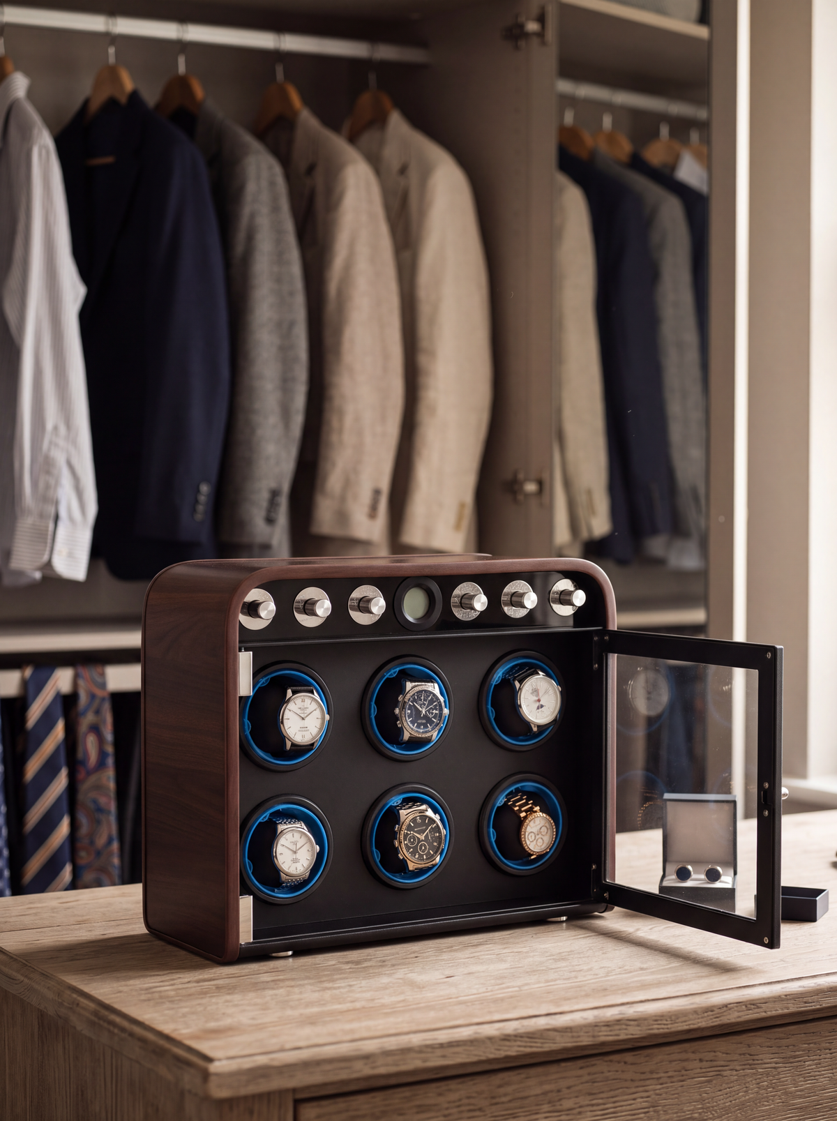 Single Watch Winder – Wood Cabinet, Silent Motor & Blue LED