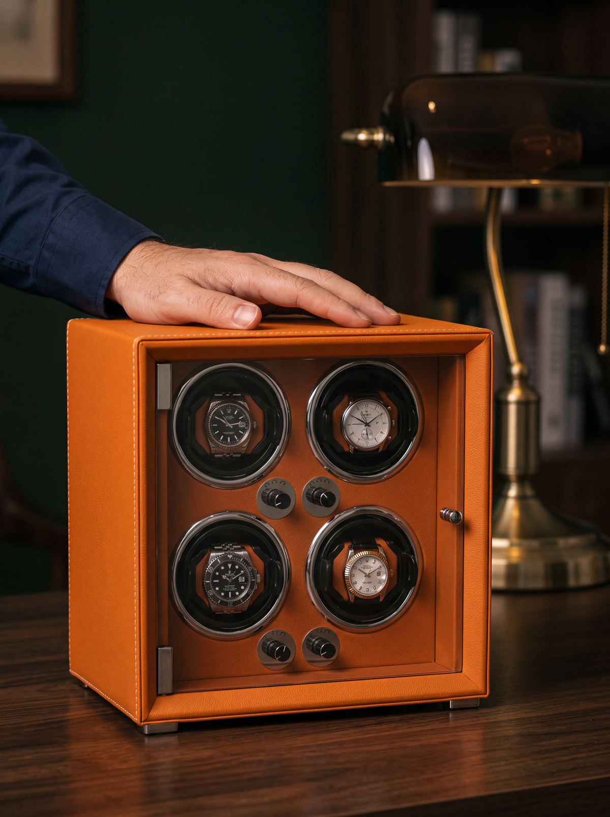 4-Watch Winder – Orange Leather, 5 Speeds, USB-C