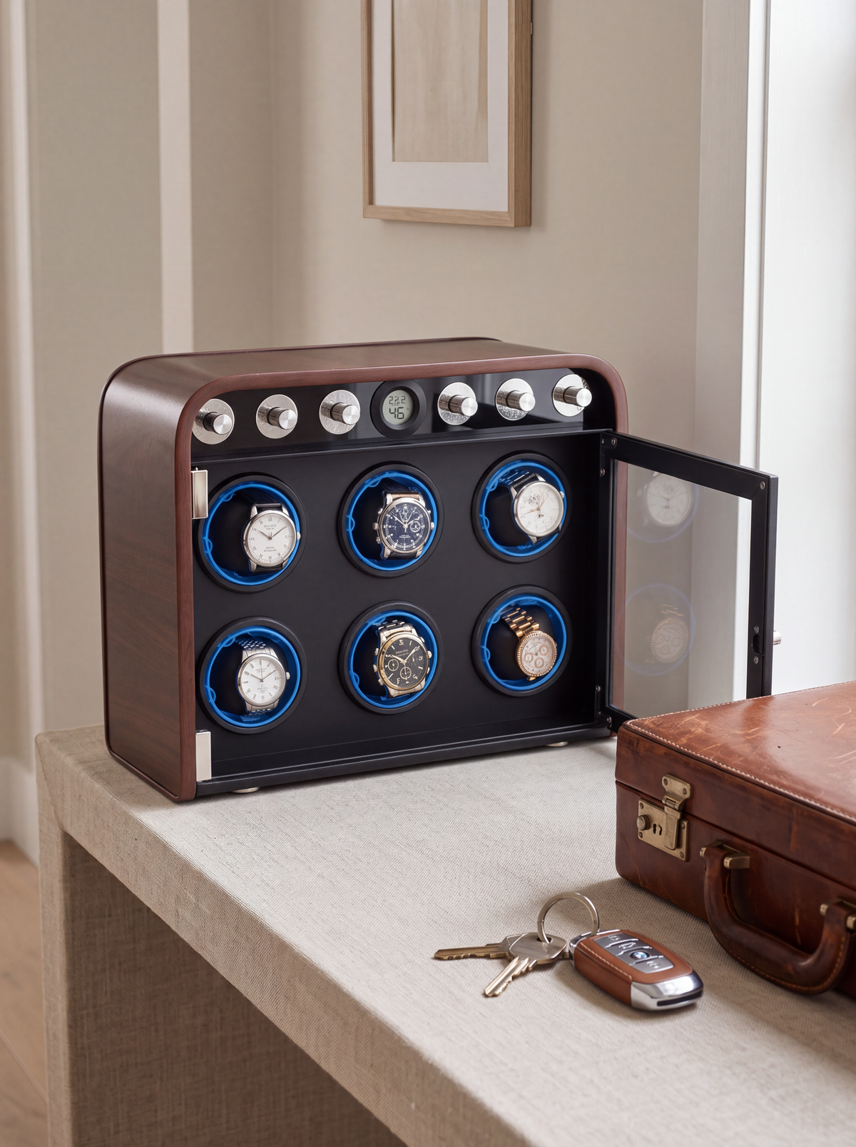 Single Watch Winder – Wood Cabinet, Silent Motor & Blue LED
