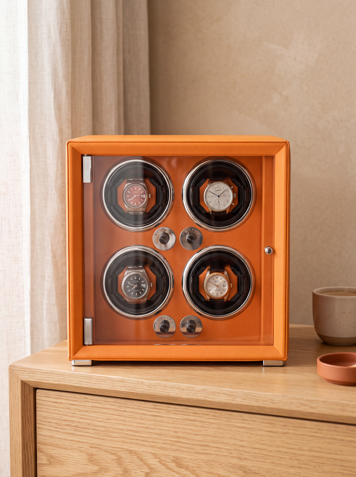 4-Watch Winder – Orange Leather, 5 Speeds, USB-C