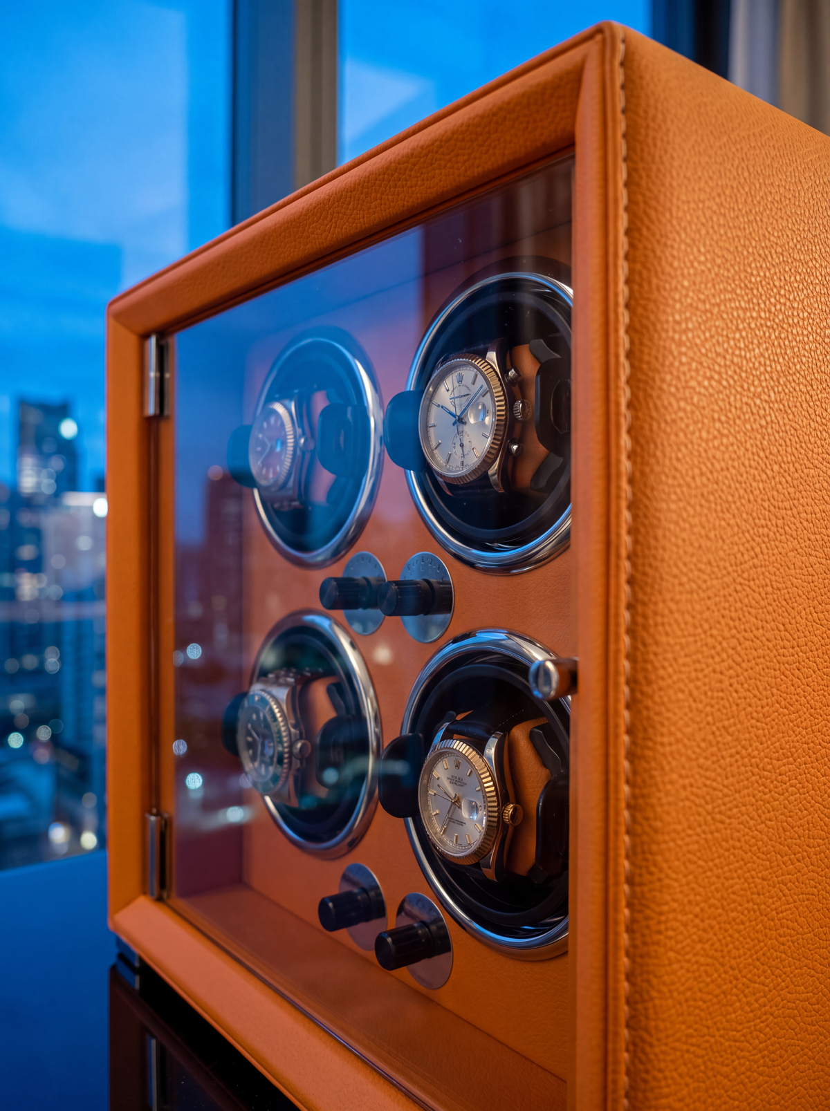 4-Watch Winder – Orange Leather, 5 Speeds, USB-C