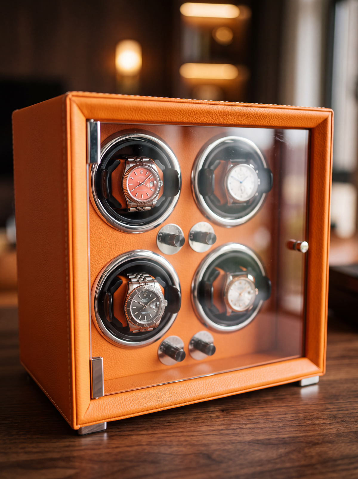 4-Watch Winder – Orange Leather, 5 Speeds, USB-C